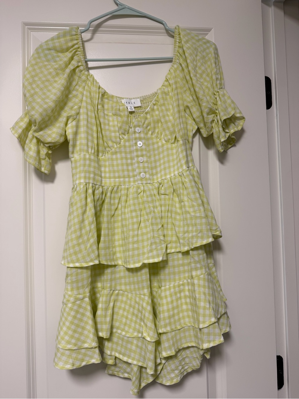 Light Green Gingham Tiered Romper with Puff Sleeves